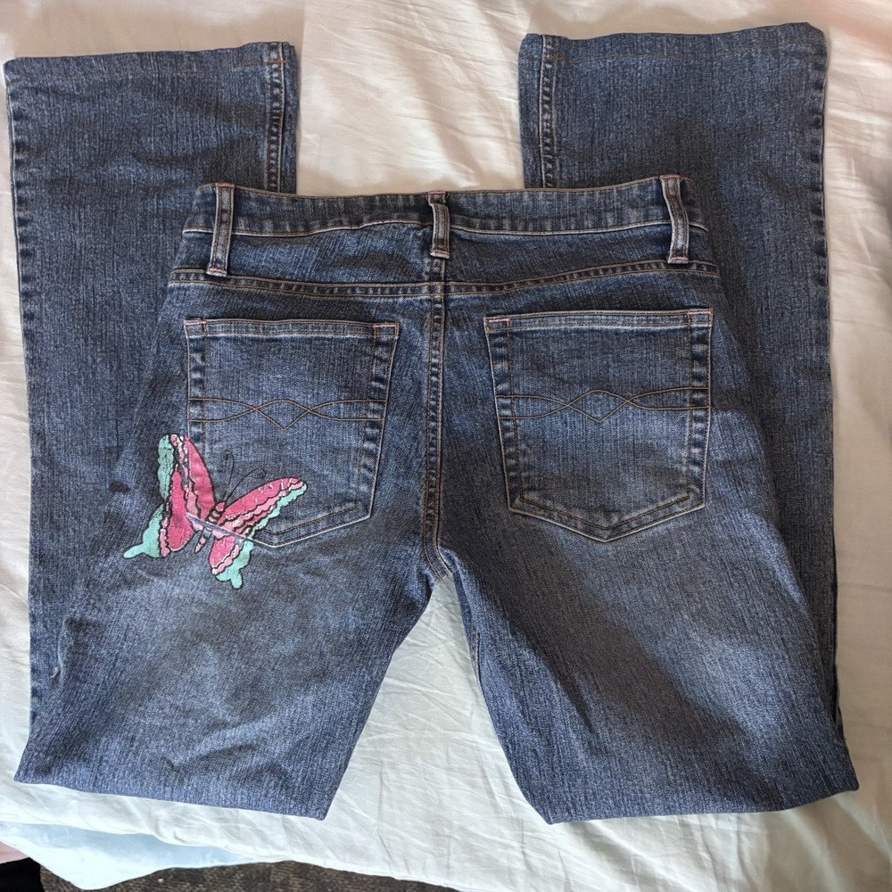 Vtg LEI Jeans Size 1 Y2K Butterfly Graphic Embroidered Bootcut Flare Low Rise